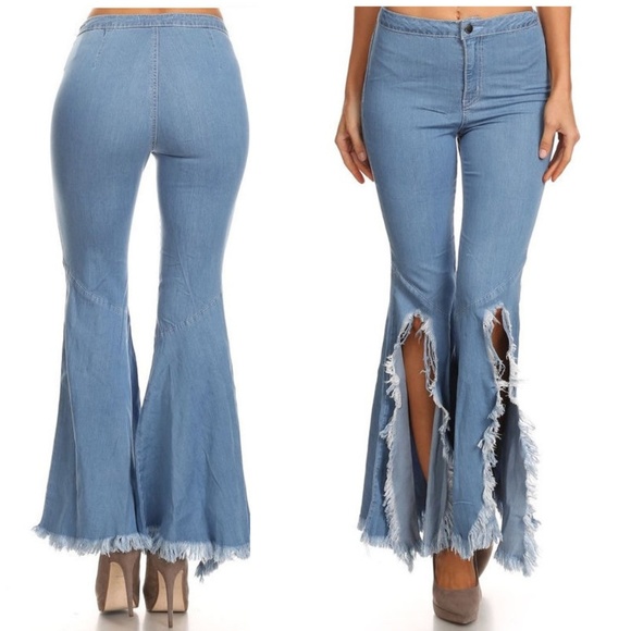 Vintage Flared Slit Bell Bottom Jeans Hippie Denim Pants - Picture 5 of 6